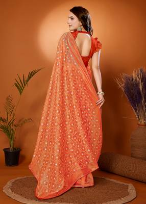 Orange Embroidered Net Saree With Blouse Piece 3