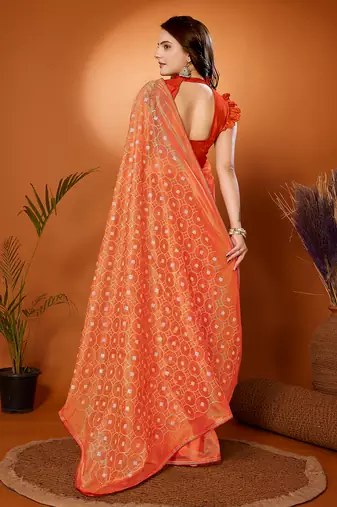 Orange Embroidered Net Saree With Blouse Piece