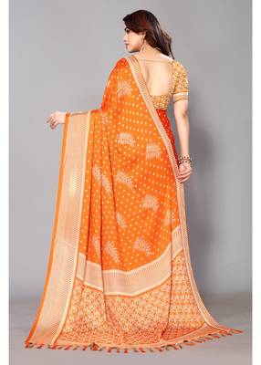 Orange Printed Moss Chiffon Saree With Blouse Piece 4