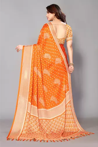 Orange Printed Moss Chiffon Saree With Blouse Piece