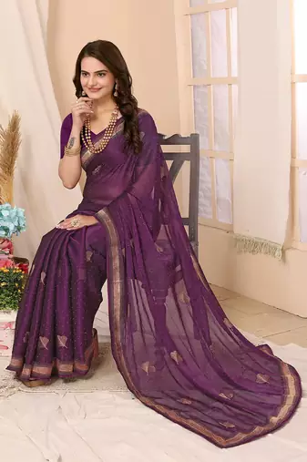 Purple Embroidered Chiffon Saree With Blouse Piece