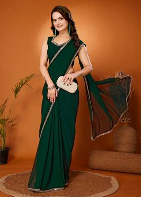 Fabmora Georgette Plain Bottle Green Saree 3