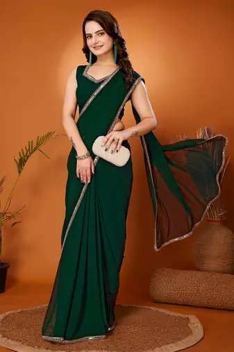 Fabmora Georgette Plain Bottle Green Saree