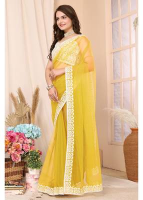 Yellow Embroidered Net Saree With Blouse Piece 2