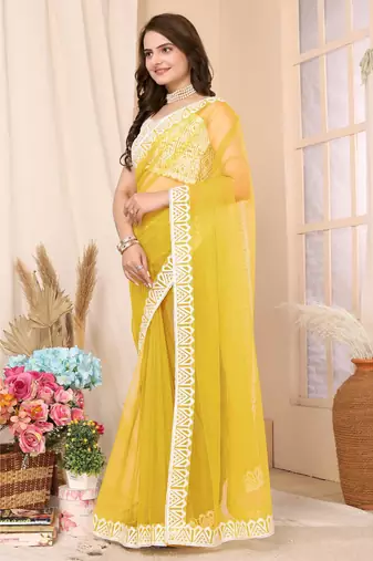 Yellow Embroidered Net Saree With Blouse Piece