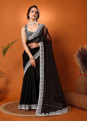 Black Embroidered Net Saree With Blouse Piece 1