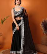 Black Embroidered Net Saree With Blouse Piece