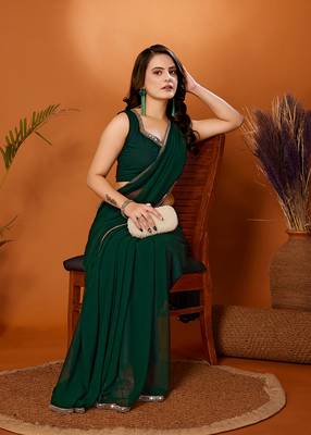 Fabmora Georgette Plain Bottle Green Saree 4