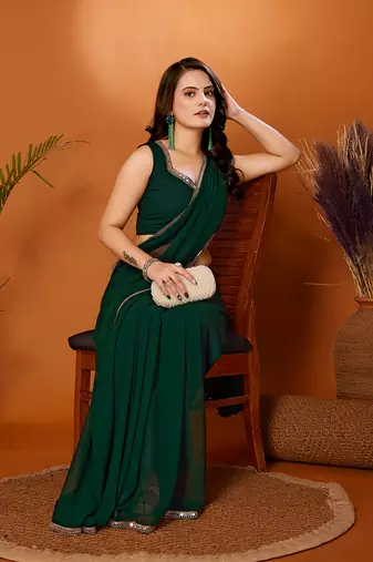 Fabmora Georgette Plain Bottle Green Saree
