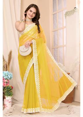 Yellow Embroidered Net Saree With Blouse Piece 3
