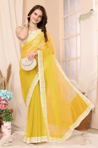 Yellow Embroidered Net Saree With Blouse Piece
