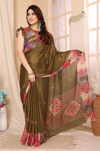 Mehendi Printed  Chiffon Saree With Blouse Piece