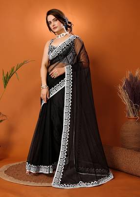 Black Embroidered Net Saree With Blouse Piece 2