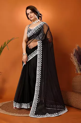 Black Embroidered Net Saree With Blouse Piece