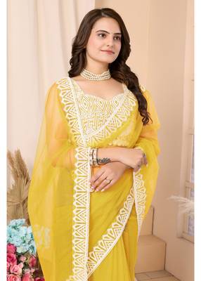 Yellow Embroidered Net Saree With Blouse Piece 4