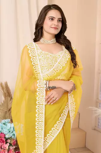 Yellow Embroidered Net Saree With Blouse Piece