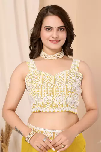 Yellow Embroidered Net Saree With Blouse Piece