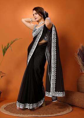 Black Embroidered Net Saree With Blouse Piece 3