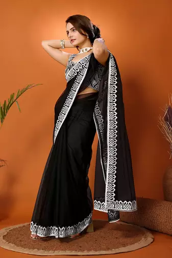 Black Embroidered Net Saree With Blouse Piece
