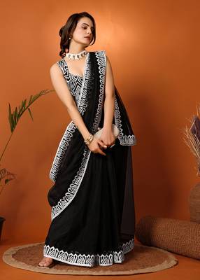 Black Embroidered Net Saree With Blouse Piece 4