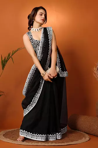 Black Embroidered Net Saree With Blouse Piece