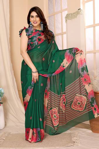 Parrot Green Printed  Chiffon Saree With Blouse Piece