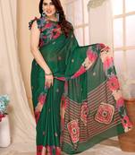 Parrot Green Printed  Chiffon Saree With Blouse Piece