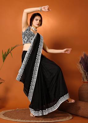 Black Embroidered Net Saree With Blouse Piece 5