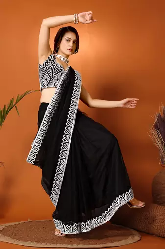 Black Embroidered Net Saree With Blouse Piece