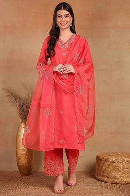 women silk blend embroidered ethnic kurta palazzo with dupatta 1