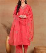 women silk blend embroidered ethnic kurta palazzo with dupatta