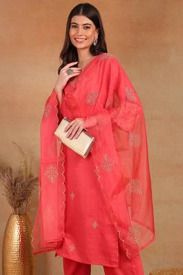 women silk blend embroidered ethnic kurta palazzo with dupatta 2