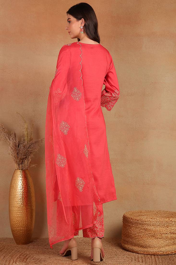 women silk blend embroidered ethnic kurta palazzo with dupatta