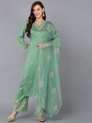 women silk blend embroidered kurta palazzos with dupatta 1