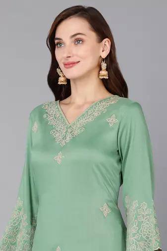 women silk blend embroidered kurta palazzos with dupatta
