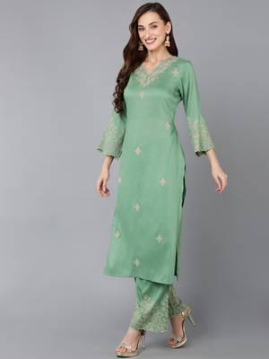 women silk blend embroidered kurta palazzos with dupatta 3