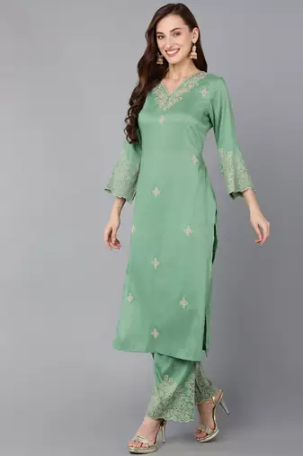 women silk blend embroidered kurta palazzos with dupatta