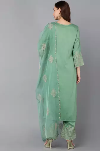women silk blend embroidered kurta palazzos with dupatta