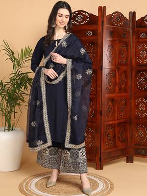 women navy blue silk blend solid solid straight kurta palazzo with dupatta 1