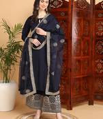women navy blue silk blend solid solid straight kurta palazzo with dupatta