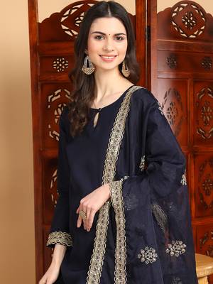 women navy blue silk blend solid solid straight kurta palazzo with dupatta 2