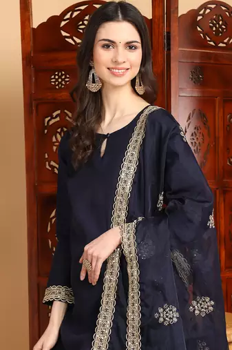 women navy blue silk blend solid solid straight kurta palazzo with dupatta