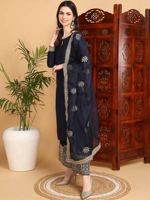 women navy blue silk blend solid solid straight kurta palazzo with dupatta 3
