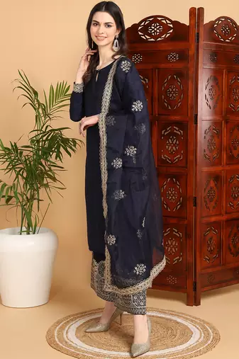 women navy blue silk blend solid solid straight kurta palazzo with dupatta