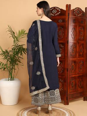 women navy blue silk blend solid solid straight kurta palazzo with dupatta 4