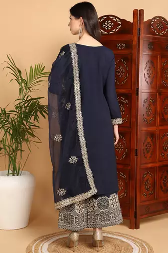 women navy blue silk blend solid solid straight kurta palazzo with dupatta