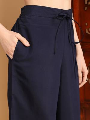 women navy blue silk blend solid solid straight kurta palazzo with dupatta 5
