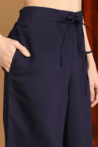 women navy blue silk blend solid solid straight kurta palazzo with dupatta