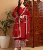 women maroon silk blend solid solid straight kurta palazzo with dupatta