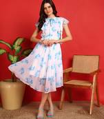 Blue floral print georgette western dress